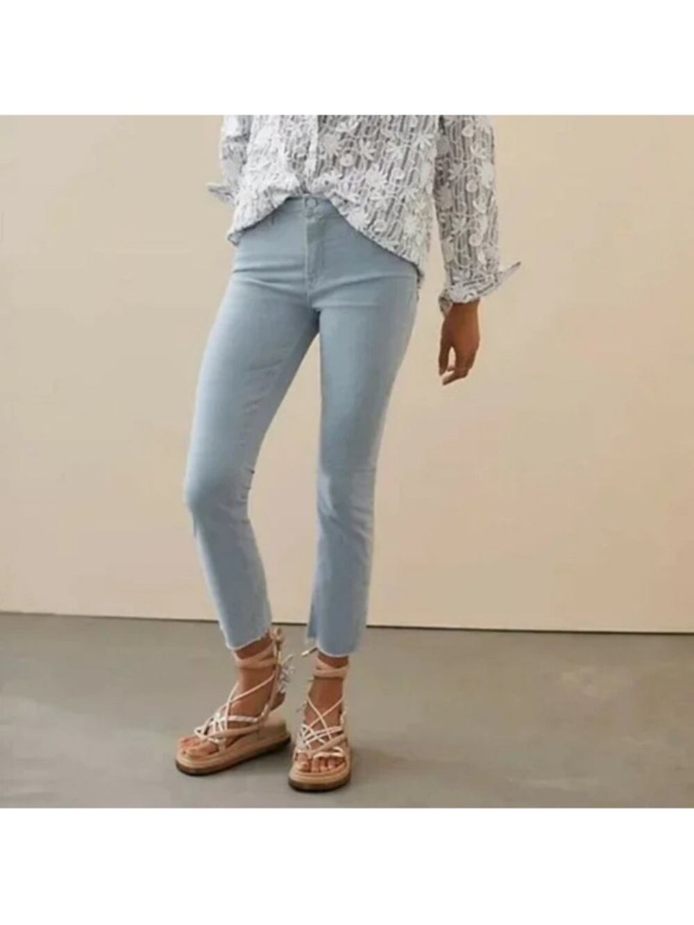 MOTHER Mid Rise Dazzler Ankle Fray Hopscotch Corduroy Pants Stone Blue Size 30